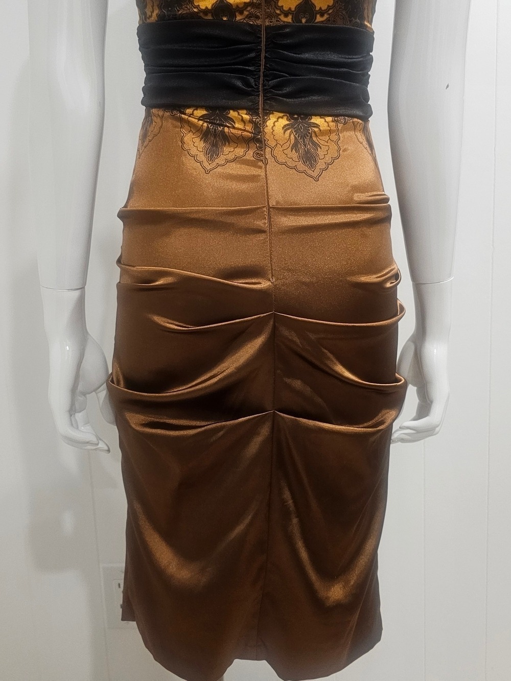 Le Chateau Y2K Bronze Satin Ruched Bodycon Dress Blk Waist Cinch Baroque MidiXS - Picture 9 of 14